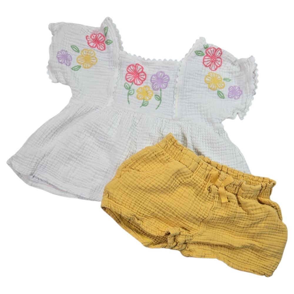 Kids Headquarters Girl Size 5 Floral Gauze Top Shorts Mustard Yellow 2 PC Outfit